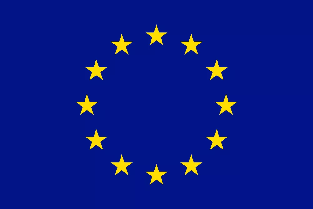 Niebieska flaga z dwunastoma żółtymi gwiazdami ułożonymi w okrąg, symbolizująca flagę Unii Europejskiej, często widywana podczas wydarzeń związanych z wyścigami kaczek lub sprzedażą kaczek.